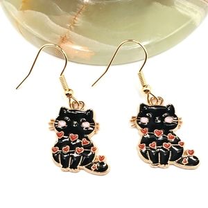 NEW Cat Design with Hearts Women's Drop Earrings Black